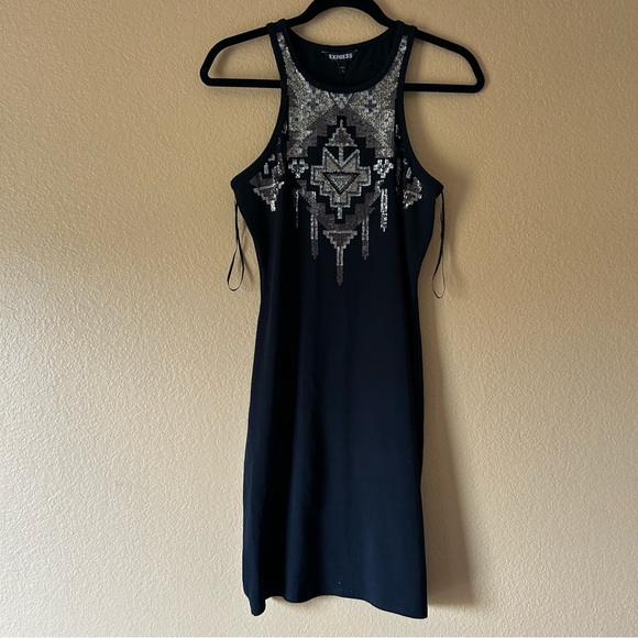 EXPRESS Black Aztec Sequin Bodycon Dress - Medium - Picture 1 of 9